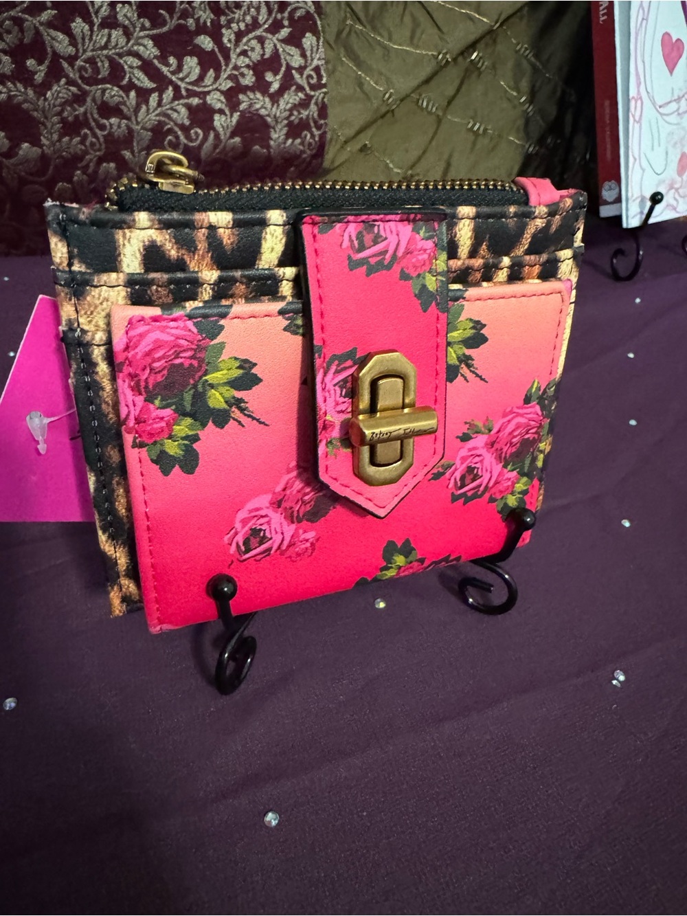 Betsey Johnson Floral Pink Turn-Lock Compact Wallet for Women
